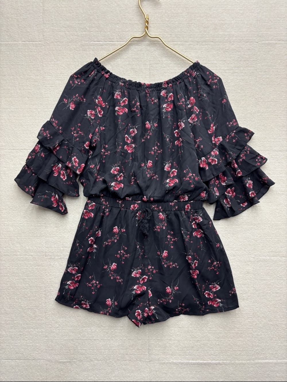 Truly Me | 12 Black Floral Off-Shoulder Ruffle Romper